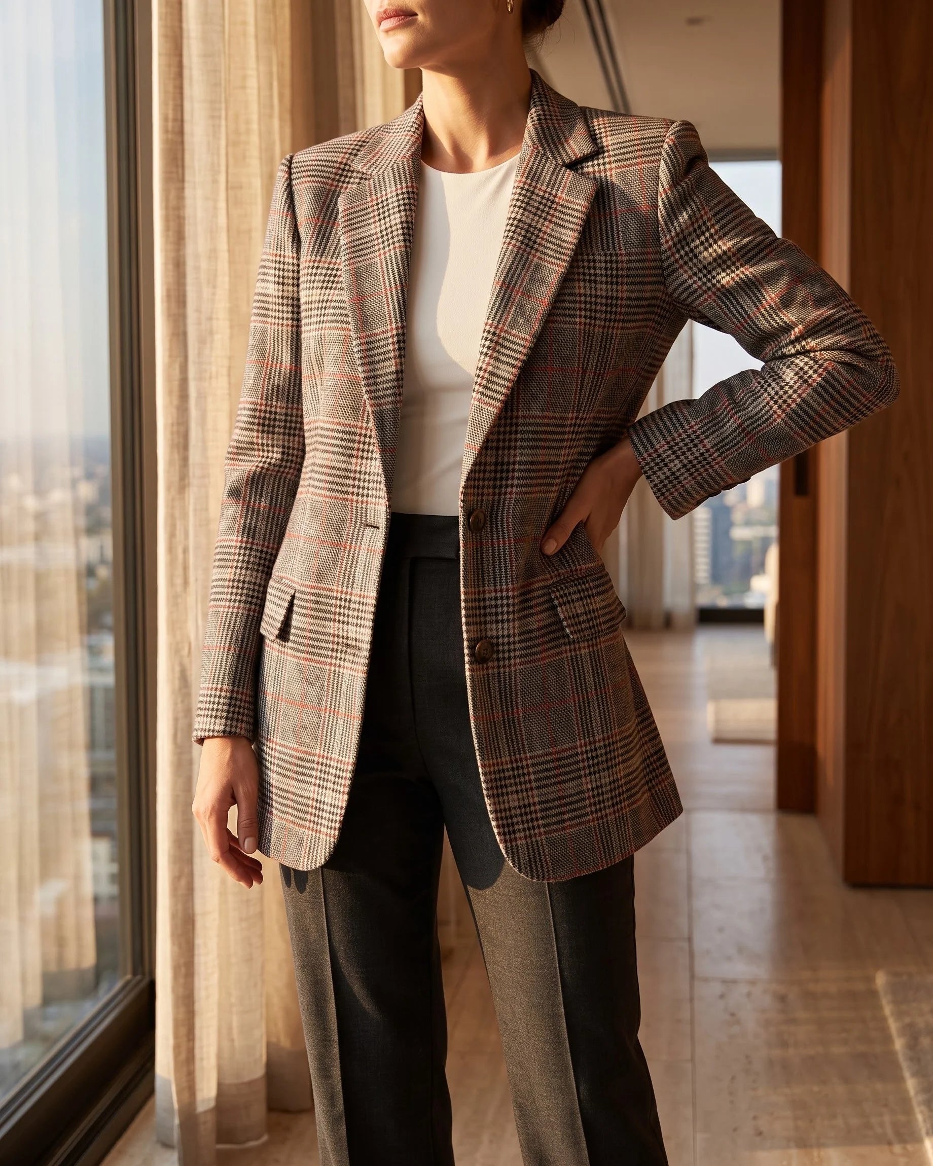 Women's Glen-Plaid Notched-Lapel Blazer in Brown Red Plaid – additional view | Hensley London