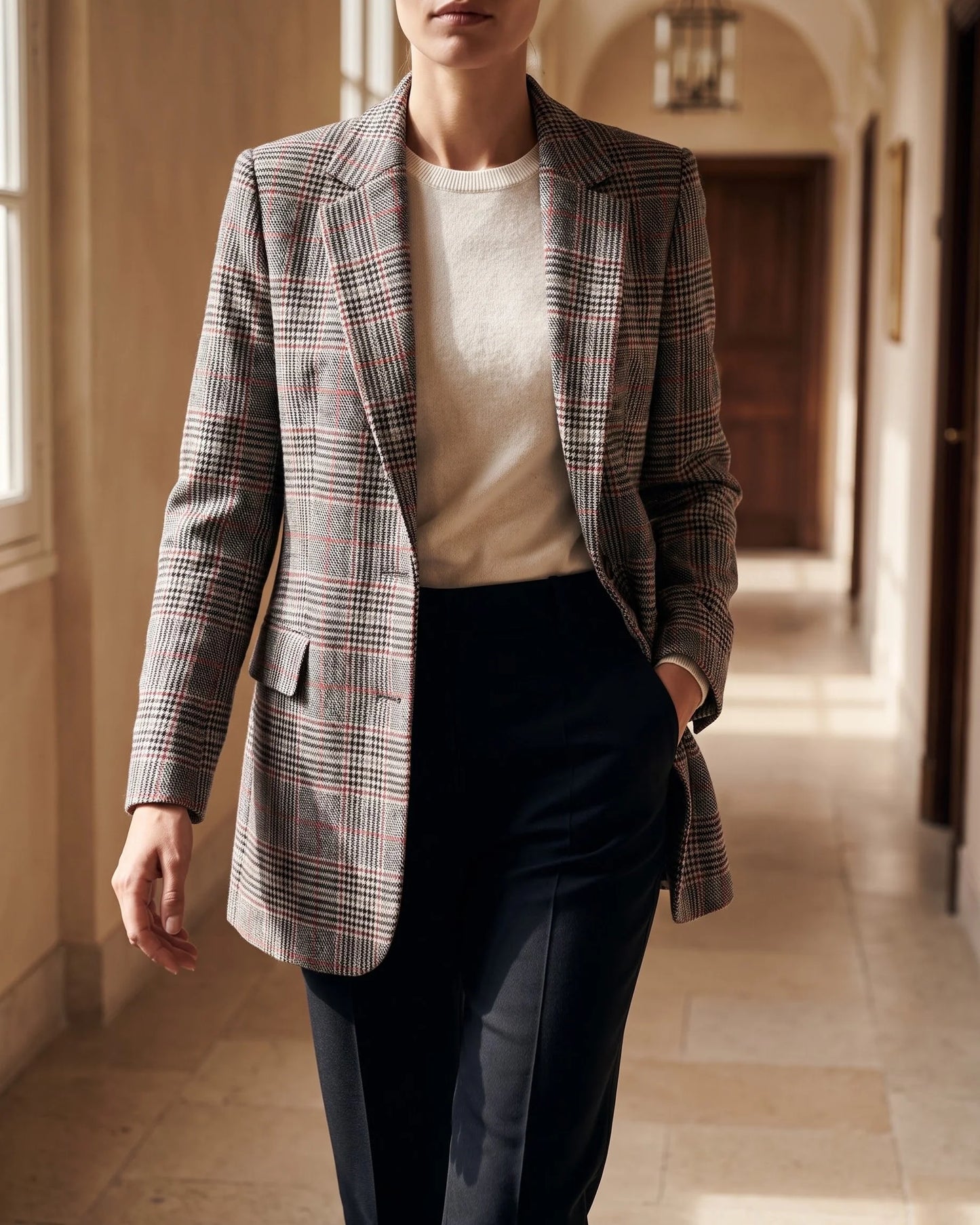 Women's Glen-Plaid Notched-Lapel Blazer in Brown Red Plaid – additional view | Hensley London