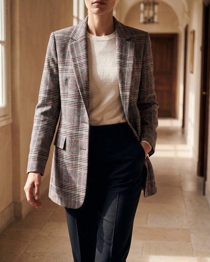 Women's Glen-Plaid Notched-Lapel Blazer in Brown Red Plaid – additional view | Hensley London