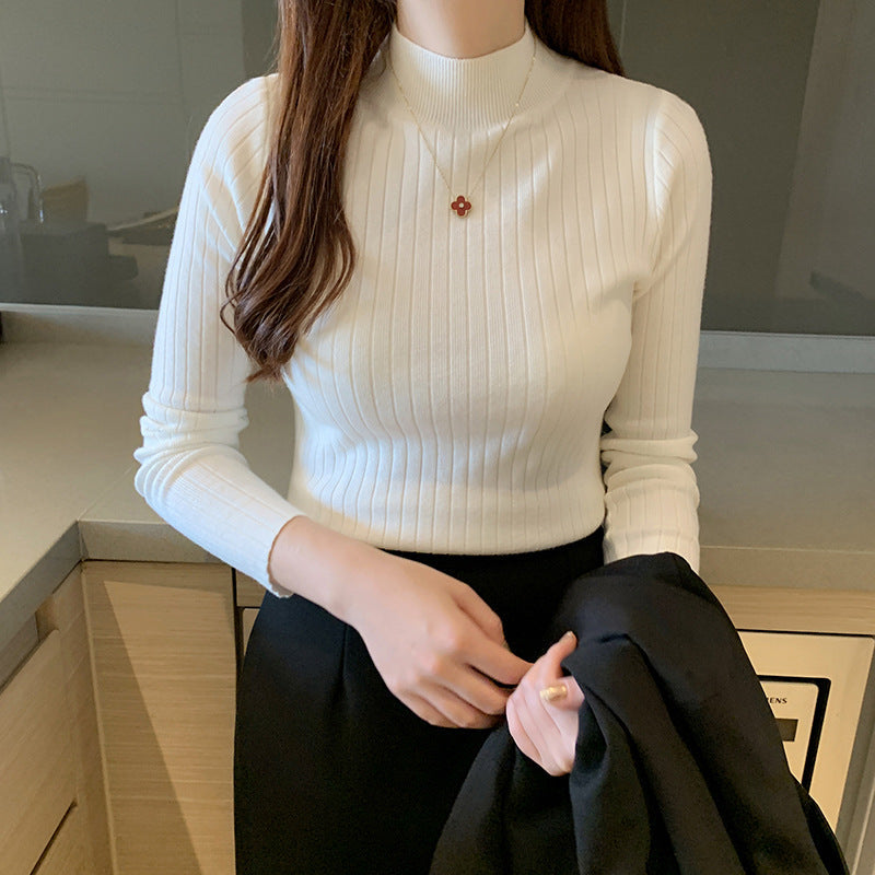Women's Slim Rib Knit Mock Neck Top in White - product view | Hensley London