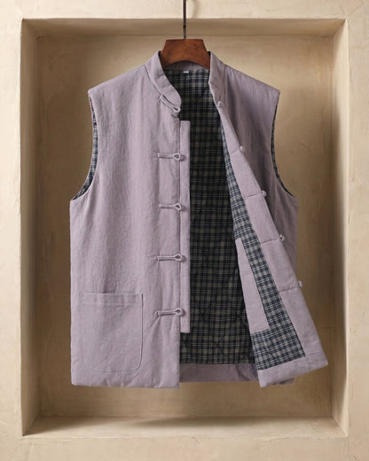 Men's Cotton Mandarin Collar Vest - fabric detail | Hensley London