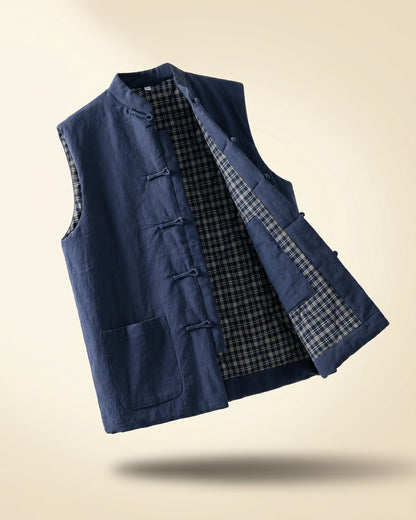 Men's Cotton Mandarin Collar Vest - styled view | Hensley London