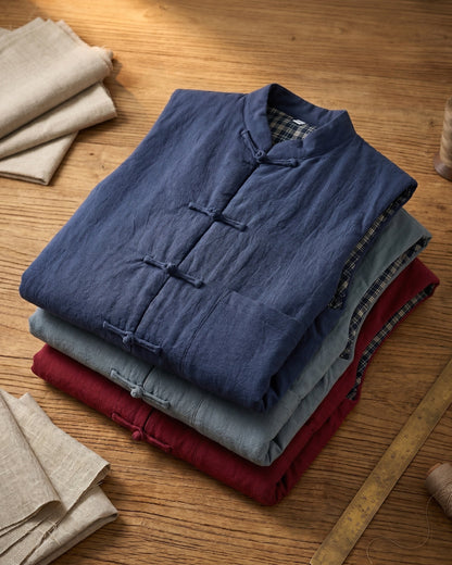 Men's Cotton Mandarin Collar Vest - lifestyle view | Hensley London