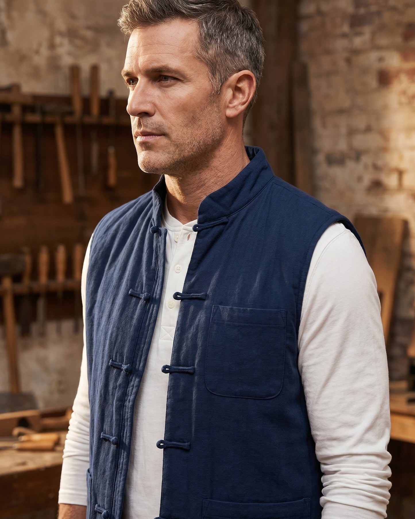 Men's Cotton Mandarin Collar Vest - studio view | Hensley London