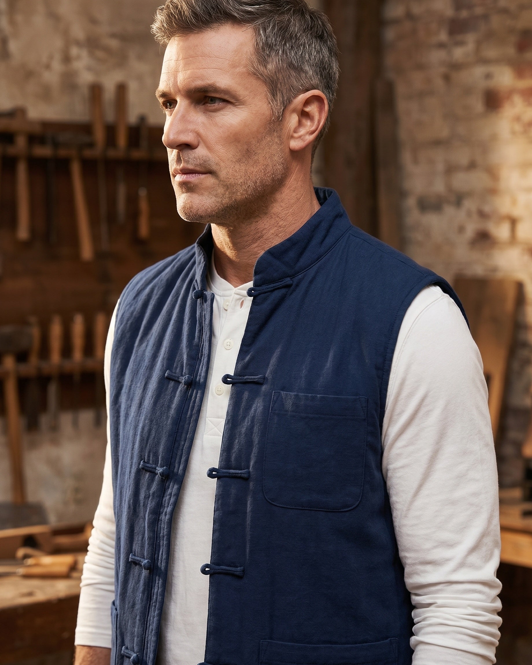 Men's Cotton Mandarin Collar Vest - studio view | Hensley London