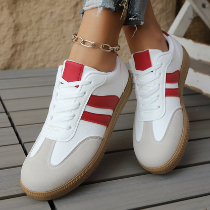 Women's Leather Retro Low-Top Sneakers in White Red – side view | Hensley London