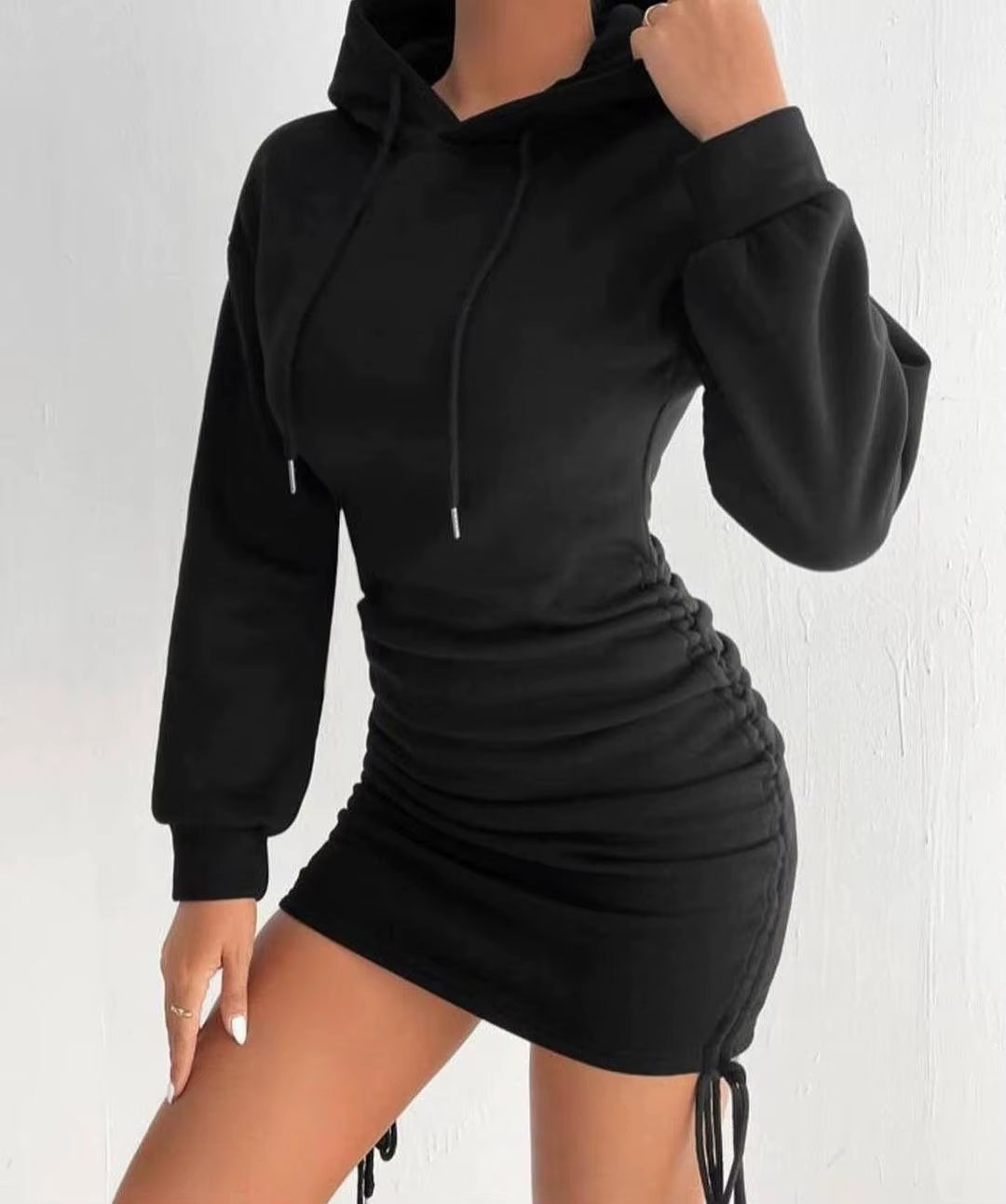 Women's Hoodie Dress Black Soft Stretch Fabric - 6