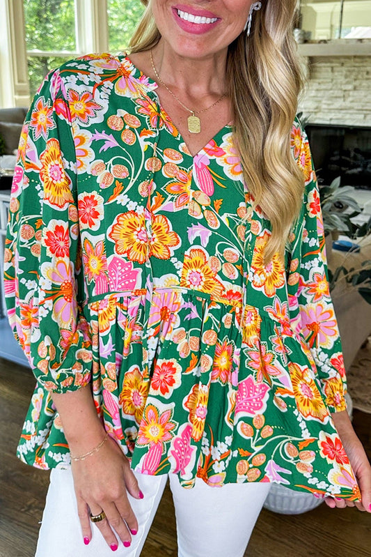 Green Floral Puff Sleeve V-Neck Peplum Blouse