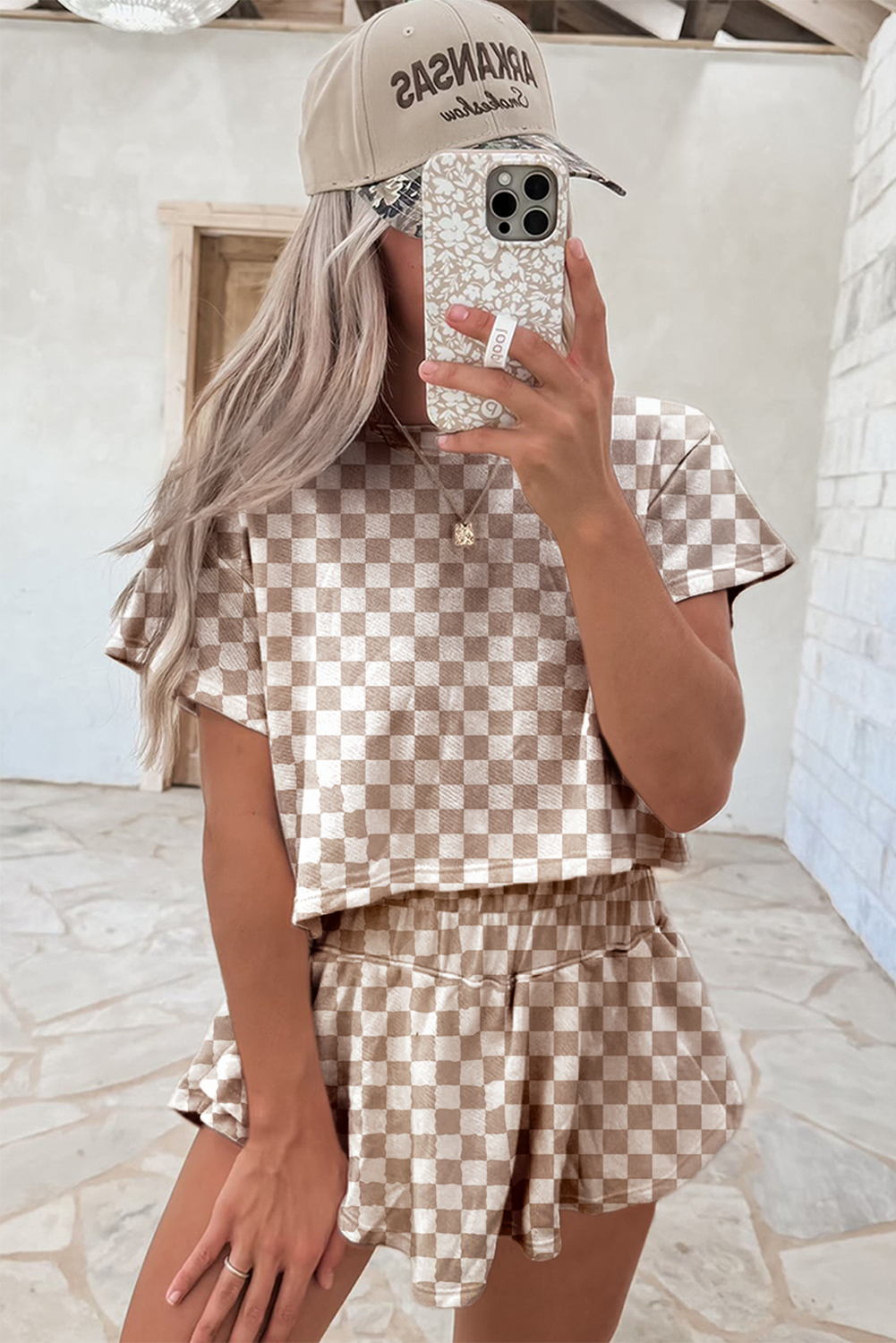 Women's Checkerboard T-Shirt and Skorts Set - View 2 | Hensley London