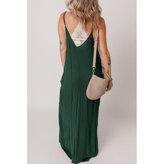 Duffel Green Spaghetti Straps Pocketed Slouchy Maxi Dress