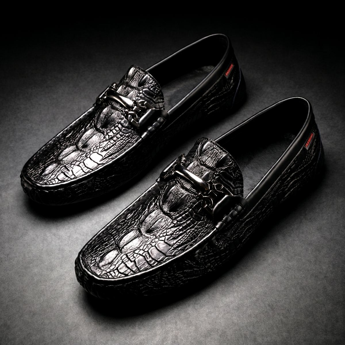 Men's Croc-Effect Bit Loafers in Black – three-quarter pair | Hensley London
