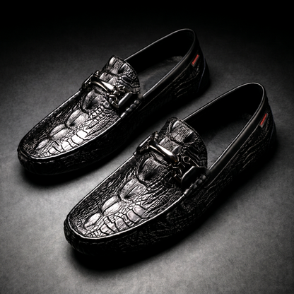 Men's Croc-Effect Bit Loafers in Black – three-quarter pair | Hensley London
