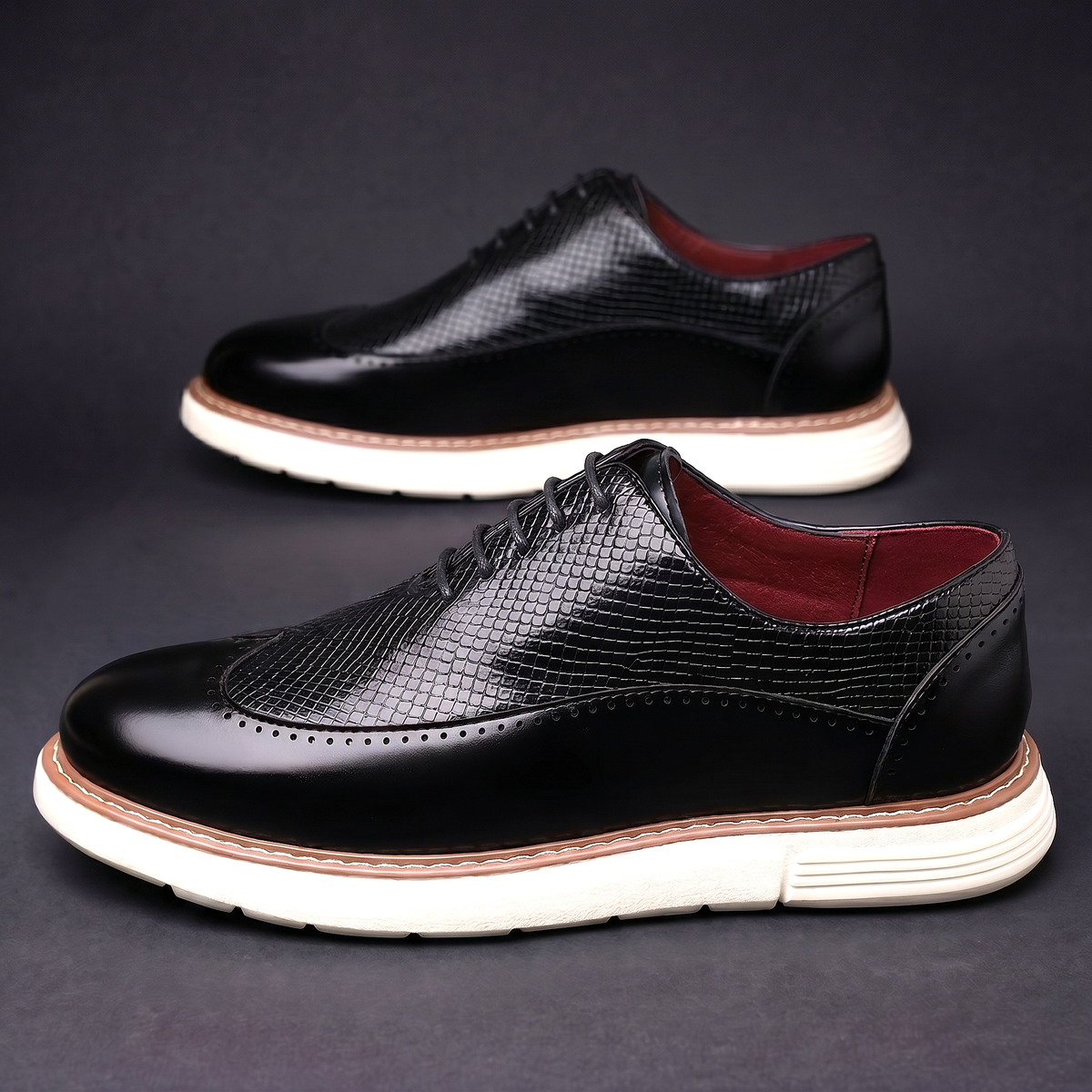 Men's Faux Leather Textured Wingtip Brogue Shoes in Black – side-view pair | Hensley London