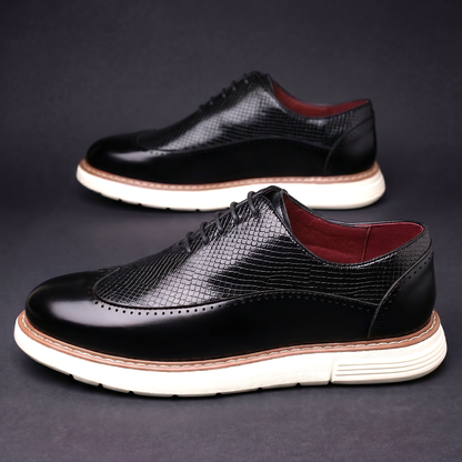 Men's Faux Leather Textured Wingtip Brogue Shoes in Black – side-view pair | Hensley London