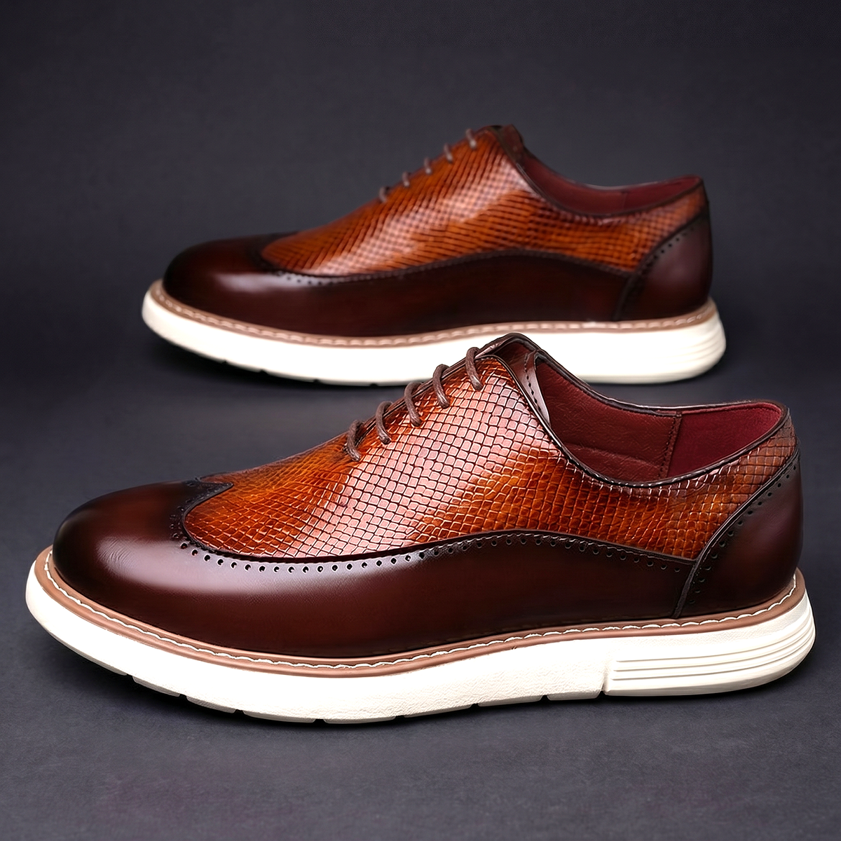 Men's Faux Leather Textured Wingtip Brogue Shoes in Brown – side-view pair | Hensley London