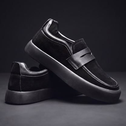 Men's Microsuede Penny Loafers with Chunky Sole in Black – three-quarter stacked pair | Hensley London