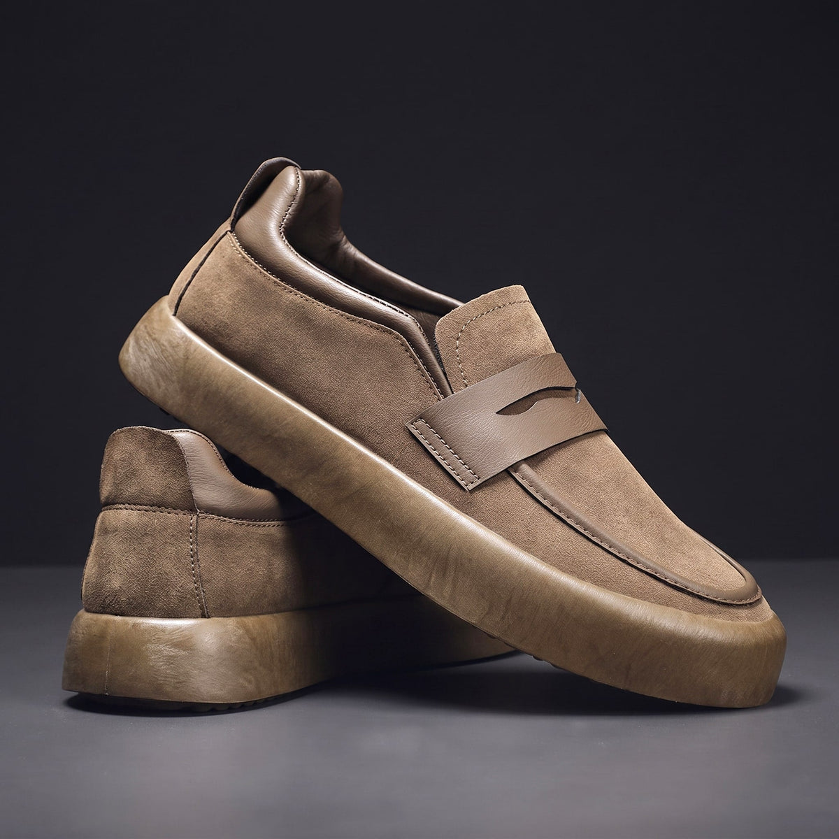 Men's Microsuede Penny Loafers with Chunky Sole in Khaki – three-quarter stacked pair | Hensley London
