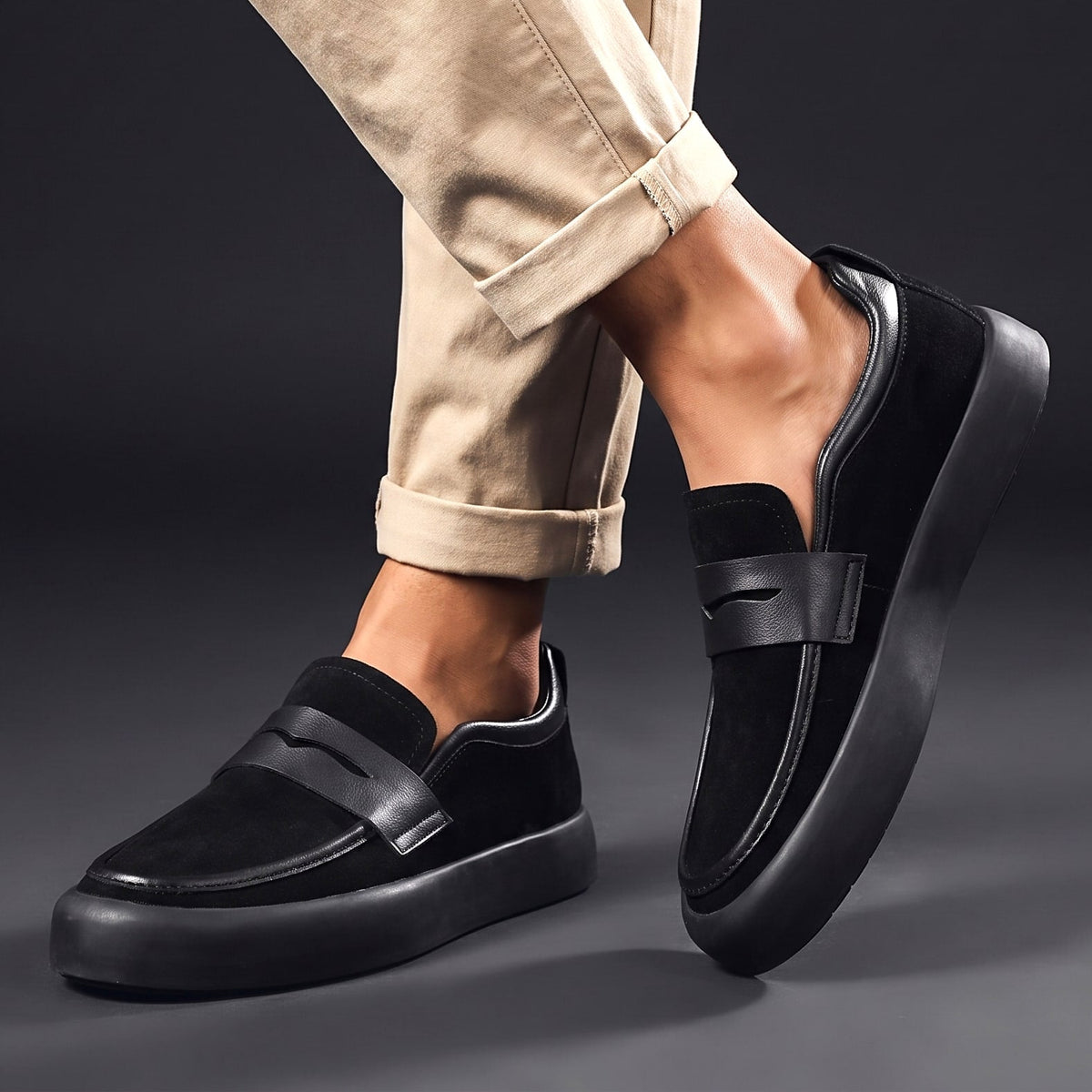 Men's Microsuede Penny Loafers with Chunky Sole in Black – worn side view | Hensley London