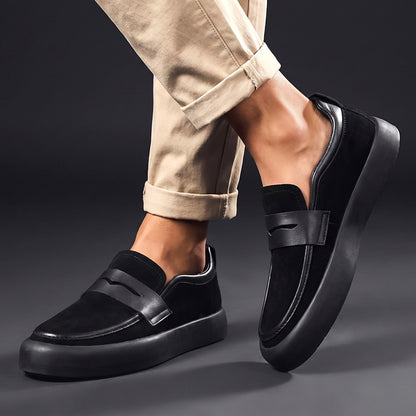 Men's Microsuede Penny Loafers with Chunky Sole in Black – worn side view | Hensley London