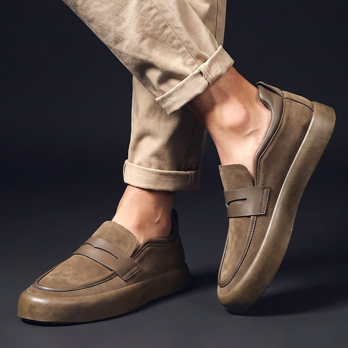 Men's Microsuede Penny Loafers with Chunky Sole in Khaki – worn side view | Hensley London