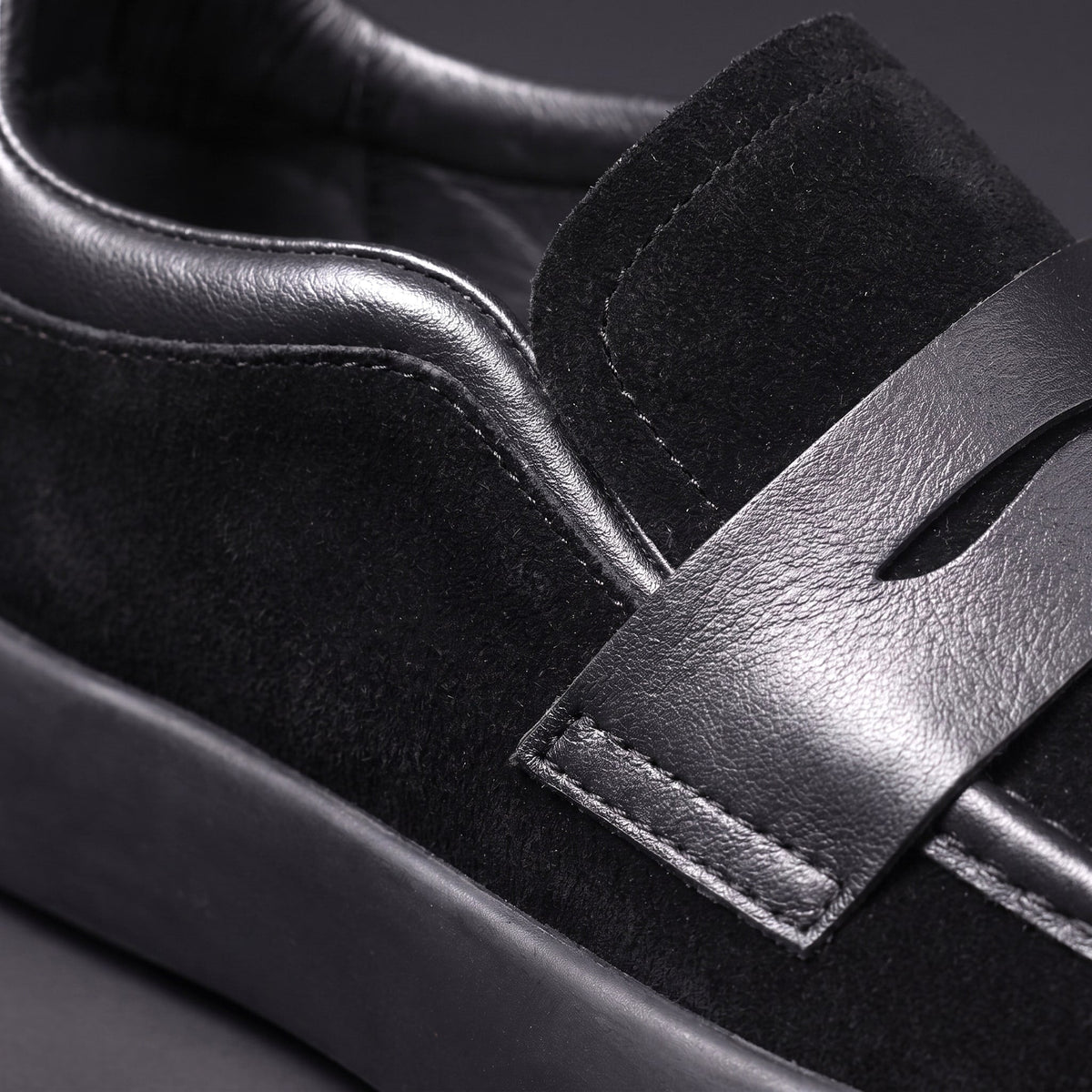 Men's Microsuede Penny Loafers with Chunky Sole in Black – penny strap close-up | Hensley London
