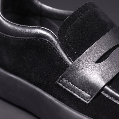 Men's Microsuede Penny Loafers with Chunky Sole in Black – penny strap close-up | Hensley London