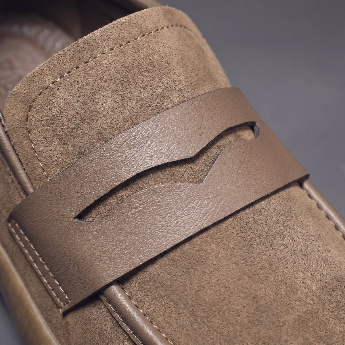 Men's Microsuede Penny Loafers with Chunky Sole in Khaki – penny strap close-up | Hensley London