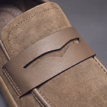 Men's Microsuede Penny Loafers with Chunky Sole in Khaki – penny strap close-up | Hensley London