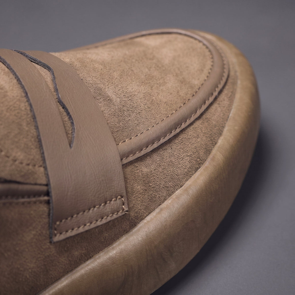 Men's Microsuede Penny Loafers with Chunky Sole in Khaki – apron toe close-up | Hensley London