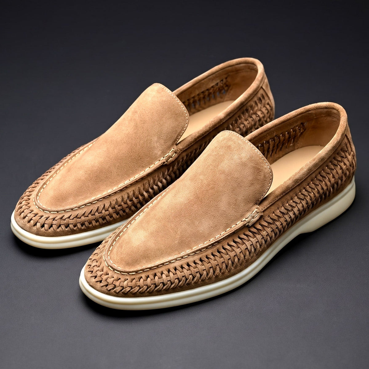 Men's Microsuede Woven Slip-On Loafers in Camel – three-quarter pair | Hensley London