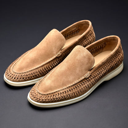 Men's Microsuede Woven Slip-On Loafers in Camel – three-quarter pair | Hensley London