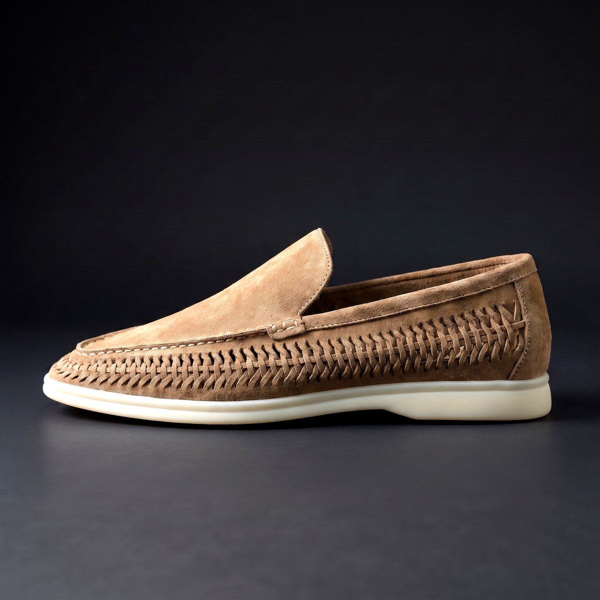 Men's Microsuede Woven Slip-On Loafers in Camel – single shoe side view | Hensley London