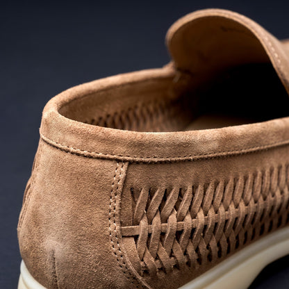 Men's Microsuede Woven Slip-On Loafers in Camel – heel and woven side close-up | Hensley London