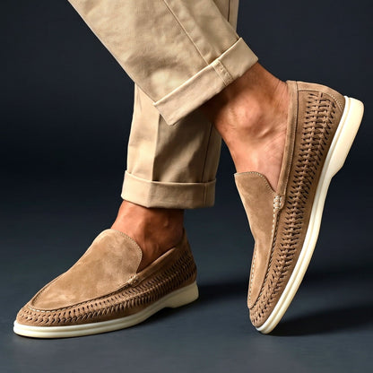 Men's Microsuede Woven Slip-On Loafers in Camel – worn side view | Hensley London