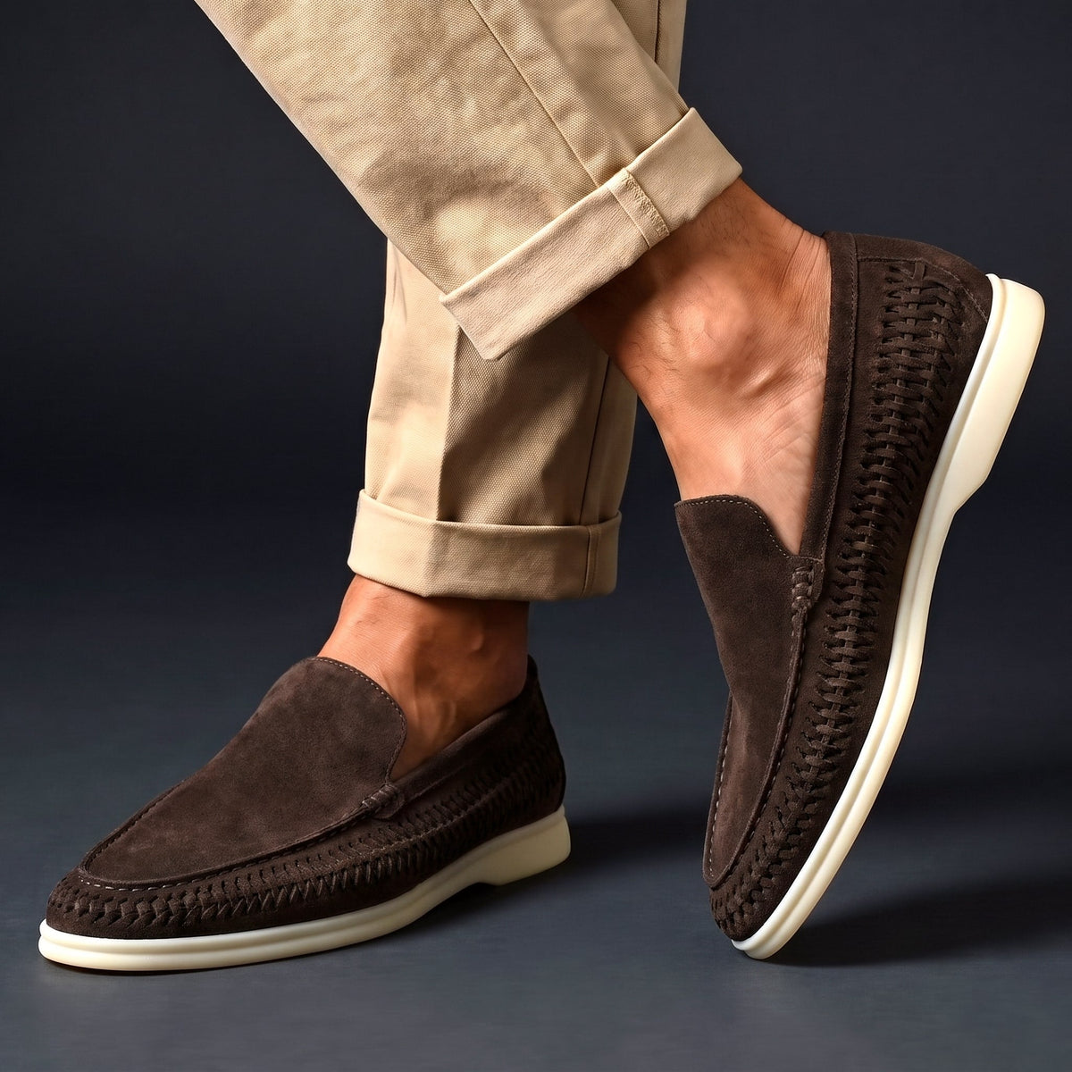 Men's Microsuede Woven Slip-On Loafers in Coffee – worn side view | Hensley London