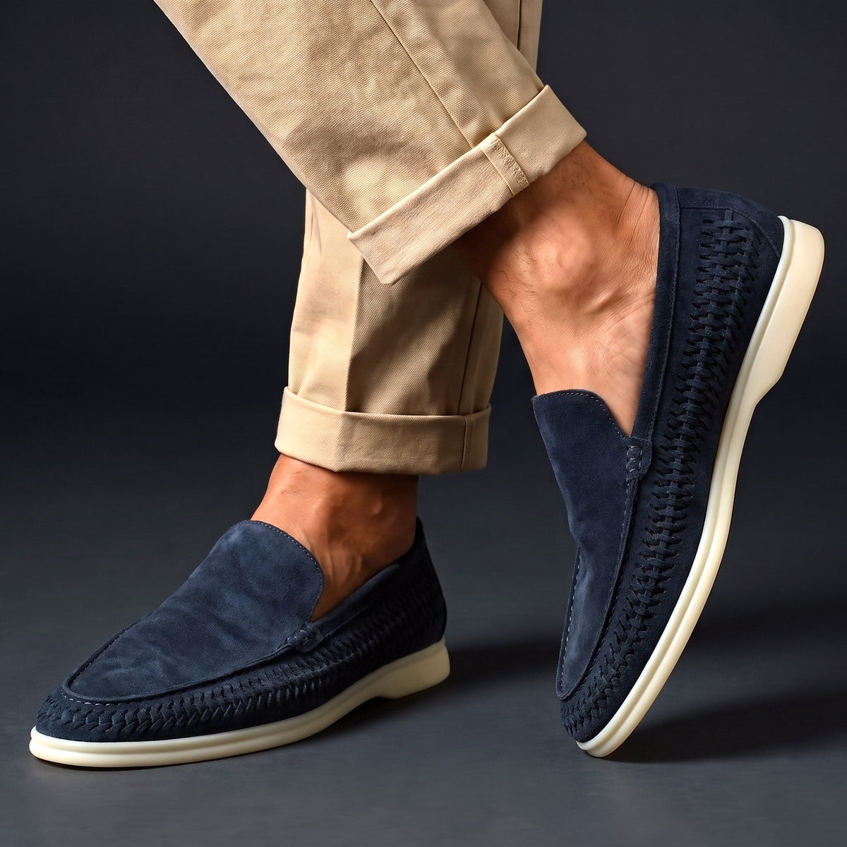 Men's Microsuede Woven Slip-On Loafers in Navy – worn side view | Hensley London