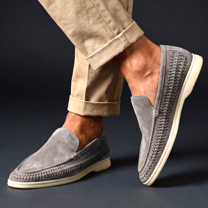 Men's Microsuede Woven Slip-On Loafers in Gray – worn side view | Hensley London