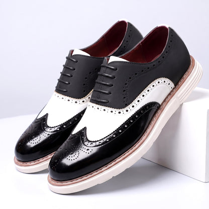 Men's Faux Leather Two-Tone Wingtip Brogue Shoes in Black – three-quarter pair | Hensley London