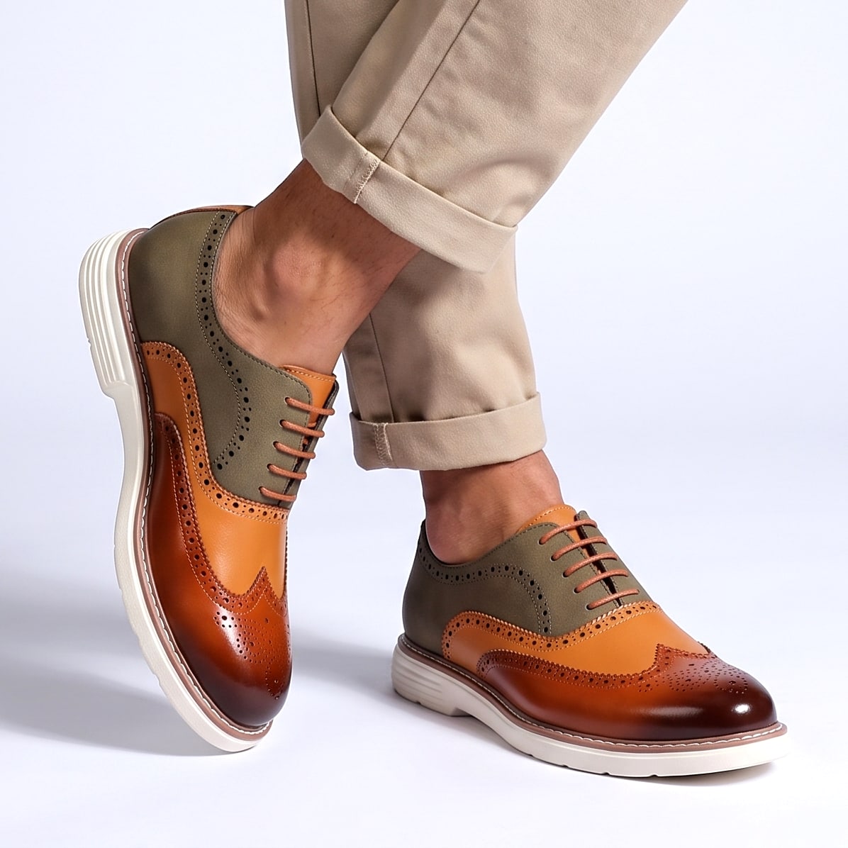 Men's Faux Leather Two-Tone Wingtip Brogue Shoes in Brown – worn side view | Hensley London