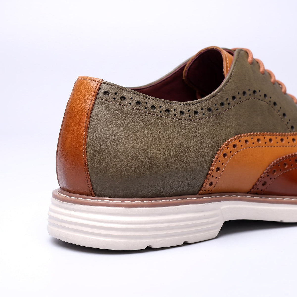 Men's Faux Leather Two-Tone Wingtip Brogue Shoes in Brown – side and heel close-up | Hensley London