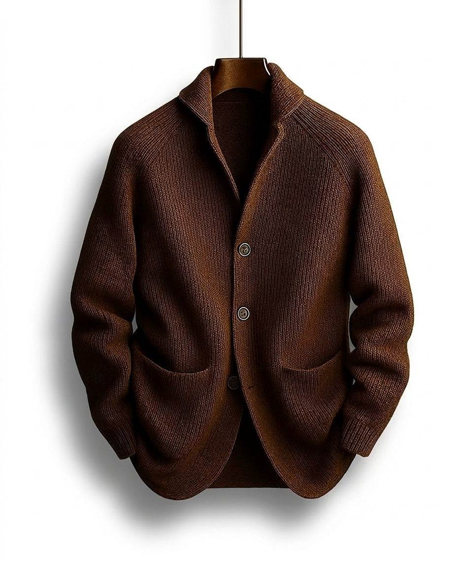 Men's Shawl-Collar Knit Cardigan in Coffee – front view | Hensley London