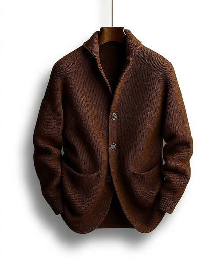 Men's Shawl-Collar Knit Cardigan in Coffee – front view | Hensley London
