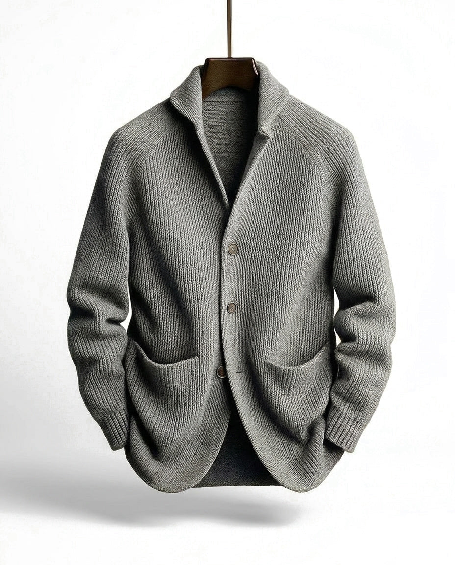 Men's Shawl-Collar Knit Cardigan in Grey – front view | Hensley London