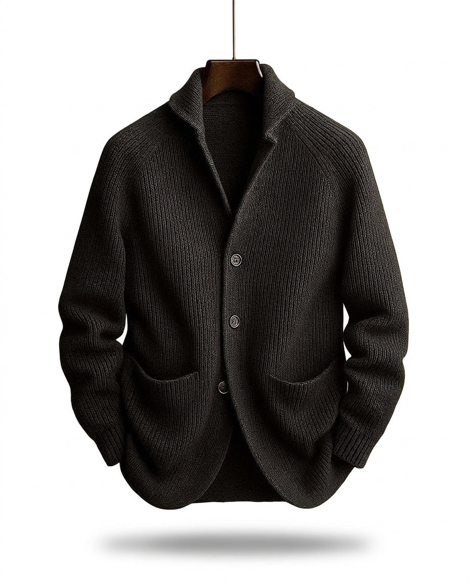 Men's Shawl-Collar Knit Cardigan in Black – front view | Hensley London