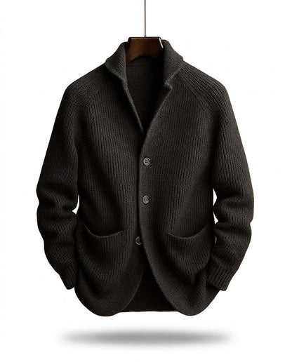 Men's Shawl-Collar Knit Cardigan in Black – front view | Hensley London