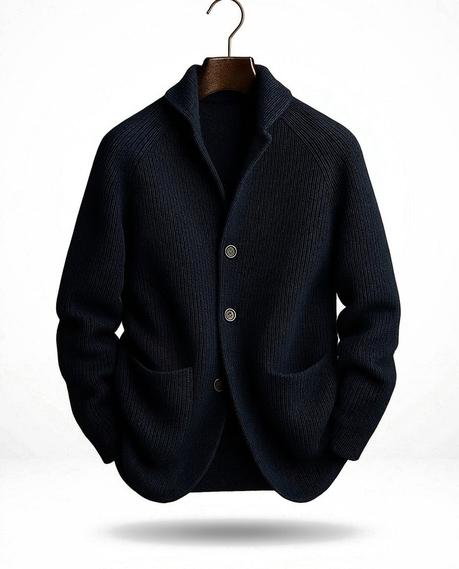Men's Shawl-Collar Knit Cardigan in Navy Blue – front view | Hensley London