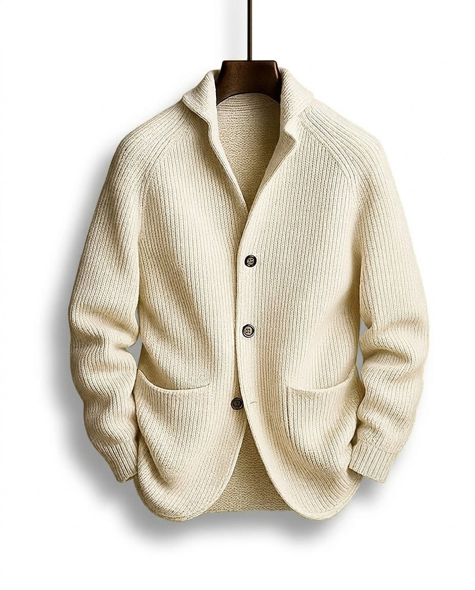 Men's Shawl-Collar Knit Cardigan in Beige – front view | Hensley London