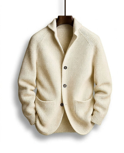 Men's Shawl-Collar Knit Cardigan in Beige – front view | Hensley London