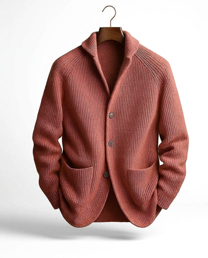 Men's Shawl-Collar Knit Cardigan in Salmon – front view | Hensley London