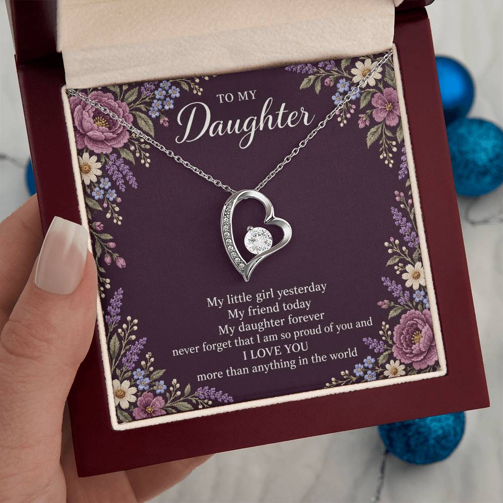 Gift for Daughter Forever Love necklace with Plum Embroidered Meadow message card in White Gold Finish – luxury box held in hand | Hensley London